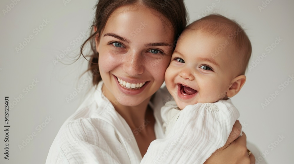 Affectionate smiles shared between a mother and her cheerful baby radiate warmth in a bright studio. Affectionate smiles shared between a mother and her cheerful baby radiate warmth in a bright studio.