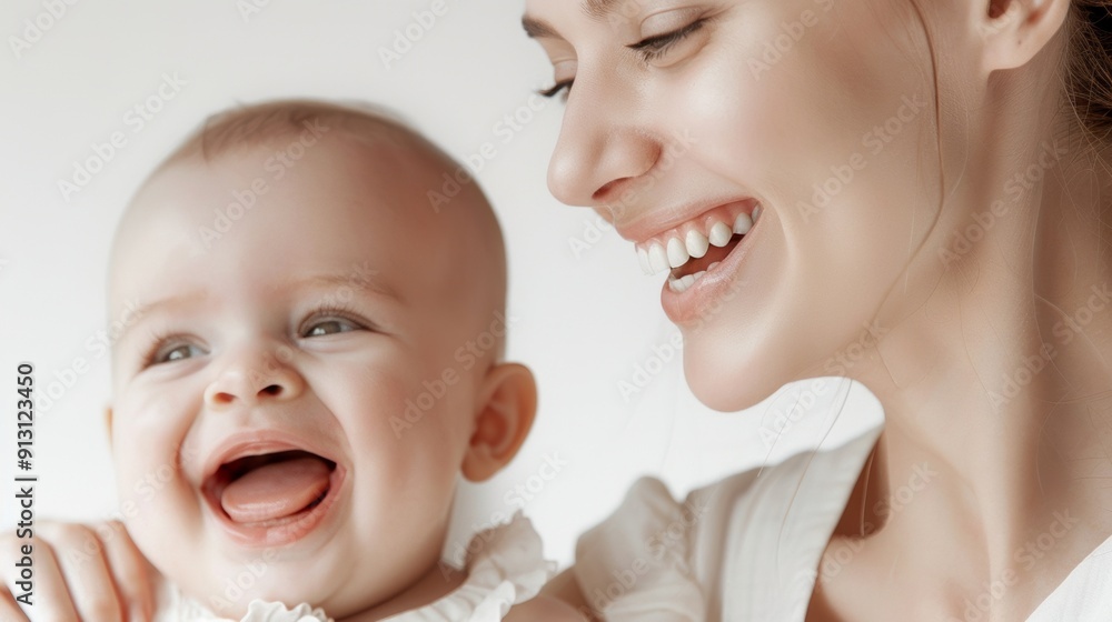 A tender interaction between a mother and her smiling baby is beautifully captured in a bright studio. A tender interaction between a mother and her smiling baby is beautifully captured in a bright studio.