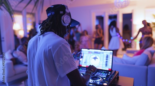 Rear view of a male DJ creating a lively atmosphere in a bright white living area.