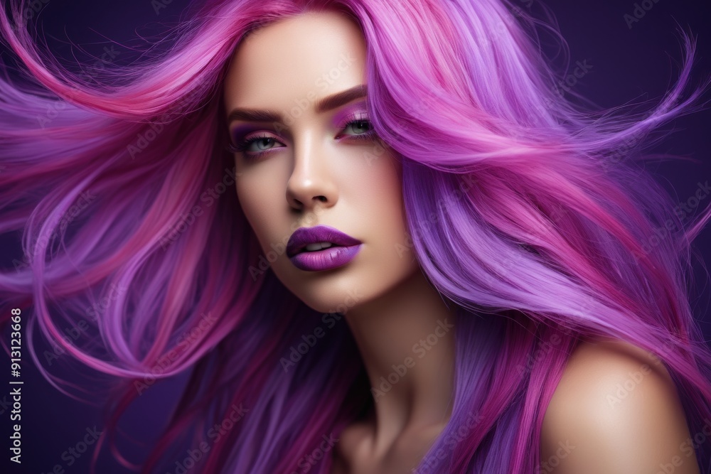A young woman with long, flowing pink and purple hair looks directly at the camera. Her makeup is bold, with dramatic eye shadow and bright purple lipstick A young woman with long, flowing pink and purple hair looks directly at the camera. Her makeup is bold, with dramatic eye shadow and bright purple lipstick
