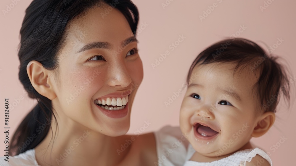 Loving gaze of an Asian mother towards her beaming baby, captured in a serene studio environment. Loving gaze of an Asian mother towards her beaming baby, captured in a serene studio environment.
