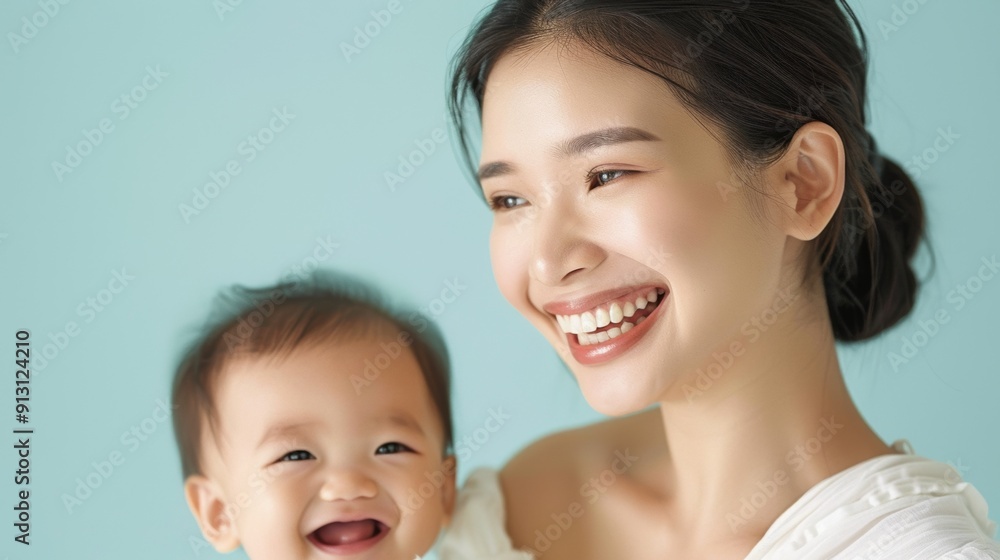 Joyful and tender bond between an Asian mother and her happy baby, beautifully captured in a light studio. Joyful and tender bond between an Asian mother and her happy baby, beautifully captured in a light studio.