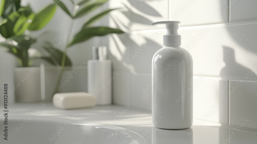 A white plastic lotion pump bottle sits on the table of a bathroom. A white plastic lotion pump bottle sits on the table of a bathroom.