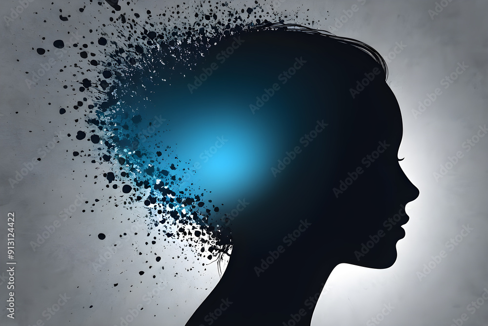 silhouette woman and splashes of paint, concept awareness, imagination silhouette woman and splashes of paint, concept awareness, imagination