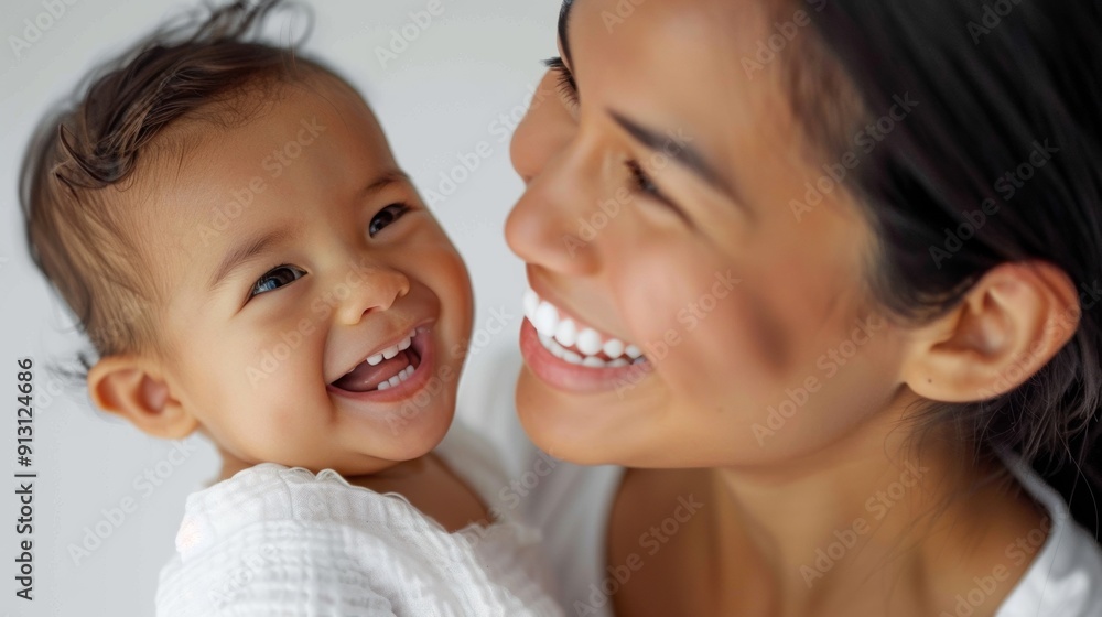 Heartfelt connection between a mother and her smiling baby, beautifully captured in a serene studio environment. Heartfelt connection between a mother and her smiling baby, beautifully captured in a serene studio environment.