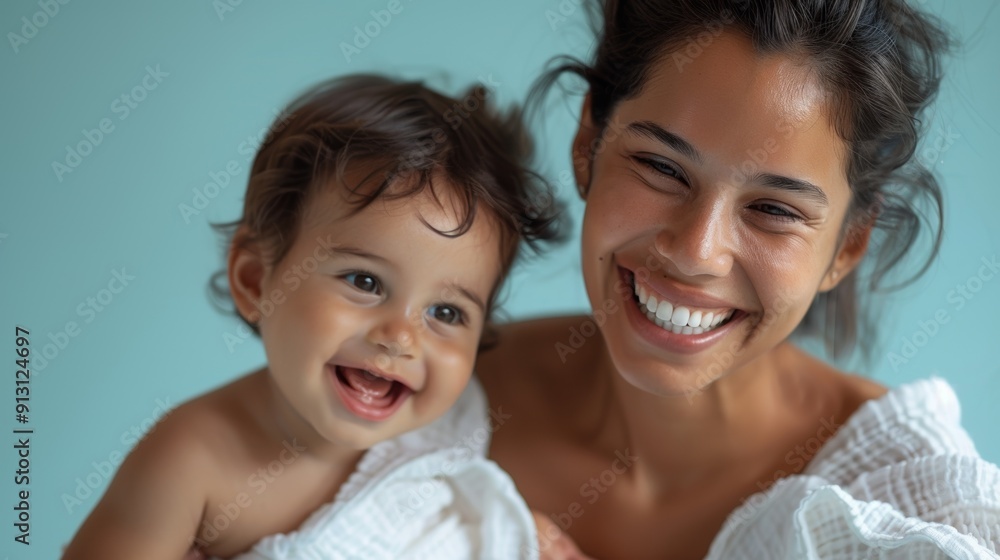 Heartfelt connection between a mother and her smiling baby, beautifully captured in a serene studio environment. Heartfelt connection between a mother and her smiling baby, beautifully captured in a serene studio environment.