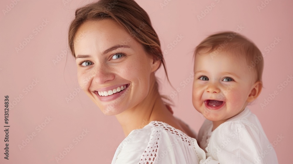 Highlighting their affectionate bond, a joyful studio image of a mother and her beaming baby. Highlighting their affectionate bond, a joyful studio image of a mother and her beaming baby.