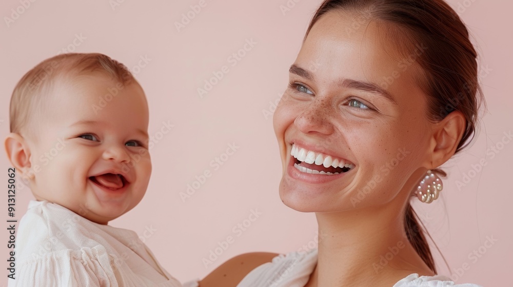 Reflecting their affectionate bond, a joyful studio portrait of a mother and her smiling baby. Reflecting their affectionate bond, a joyful studio portrait of a mother and her smiling baby.