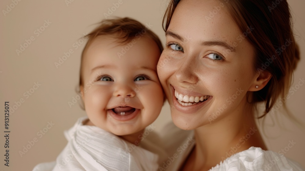 The strong bond between a mother and her smiling baby is highlighted in a serene studio setting. The strong bond between a mother and her smiling baby is highlighted in a serene studio setting.
