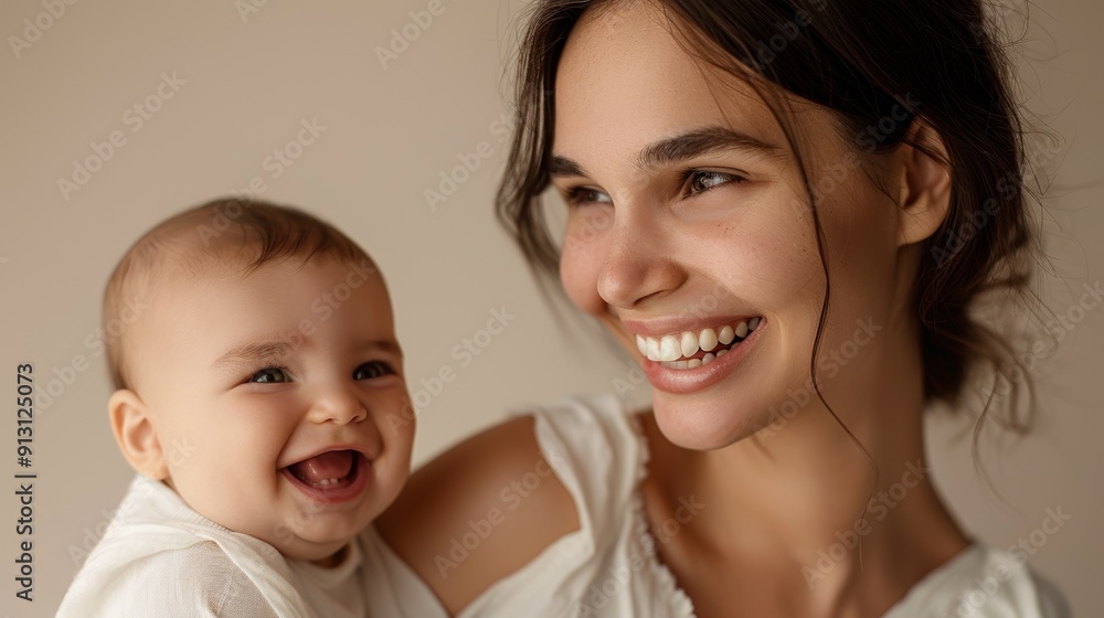 Reflecting their deep bond, a warm studio portrait of a mother and her beaming baby in a light studio. Reflecting their deep bond, a warm studio portrait of a mother and her beaming baby in a light studio.