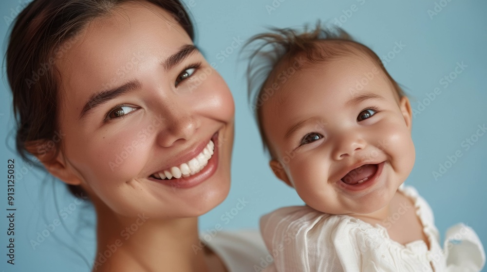 Reflecting their deep bond, a warm studio portrait of a mother and her beaming baby in a light studio. Reflecting their deep bond, a warm studio portrait of a mother and her beaming baby in a light studio.