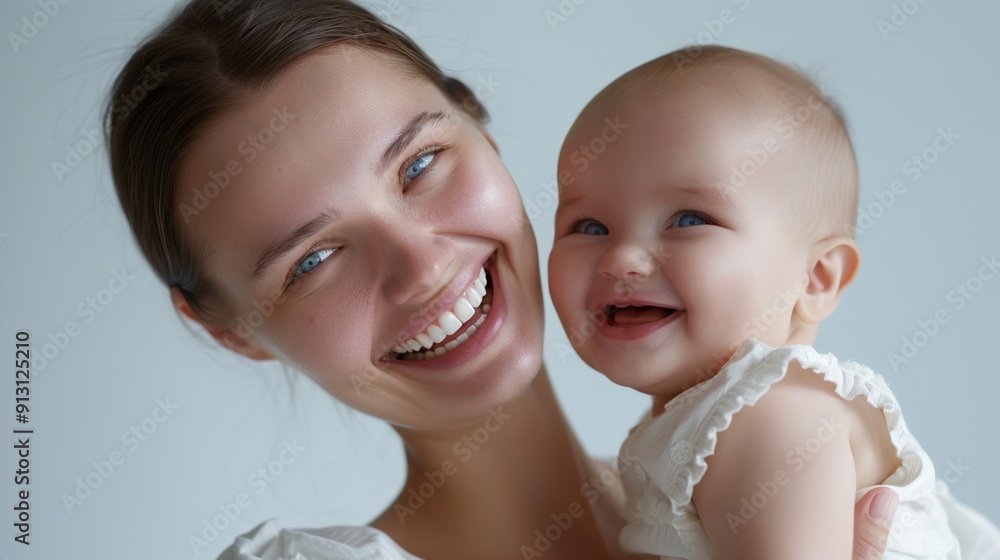 The warmth of a mother's smile and her baby's joyful expression shine brightly in a light-filled studio.
