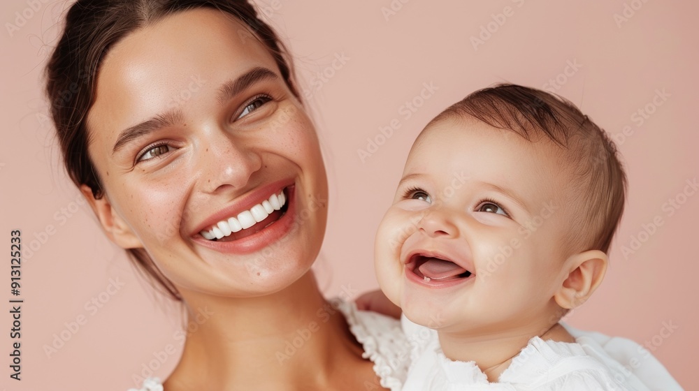 In a light studio, a mother and her delighted baby share a heartfelt connection, radiating affection. In a light studio, a mother and her delighted baby share a heartfelt connection, radiating affection.