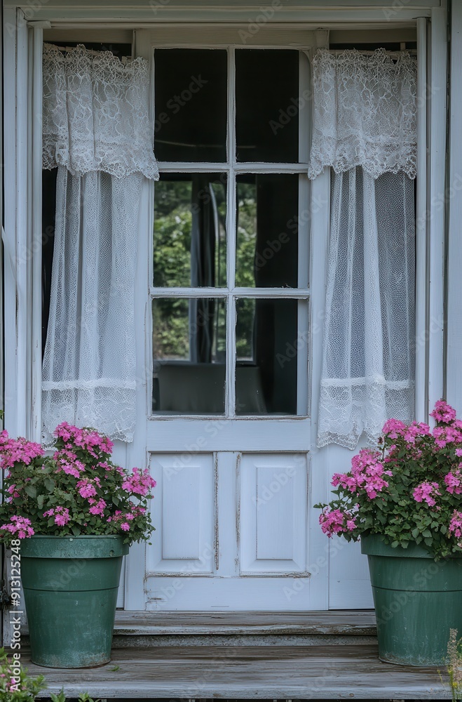 open front door with lace curtains and pink, white flowers in the window boxes open front door with lace curtains and pink, white flowers in the window boxes