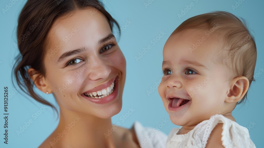 The heartfelt smiles shared between a mother and her joyful baby radiate warmth and love in a light-filled studio. The heartfelt smiles shared between a mother and her joyful baby radiate warmth and love in a light-filled studio.