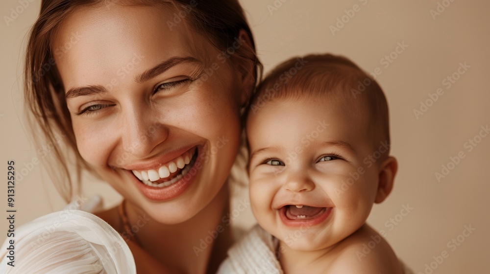 A mother's loving connection with her cheerful baby is showcased in a tender studio portrait with a light background. A mother's loving connection with her cheerful baby is showcased in a tender studio portrait with a light background.