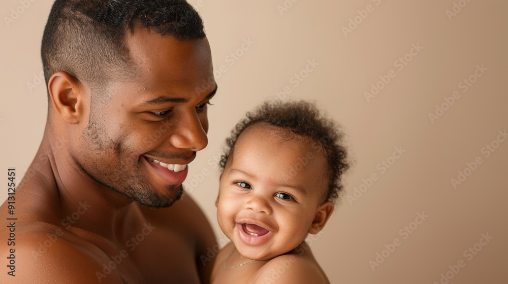 Studio image of a father and his smiling baby, radiating affection and joy, set against a bright and airy background. Studio image of a father and his smiling baby, radiating affection and joy, set against a bright and airy background.