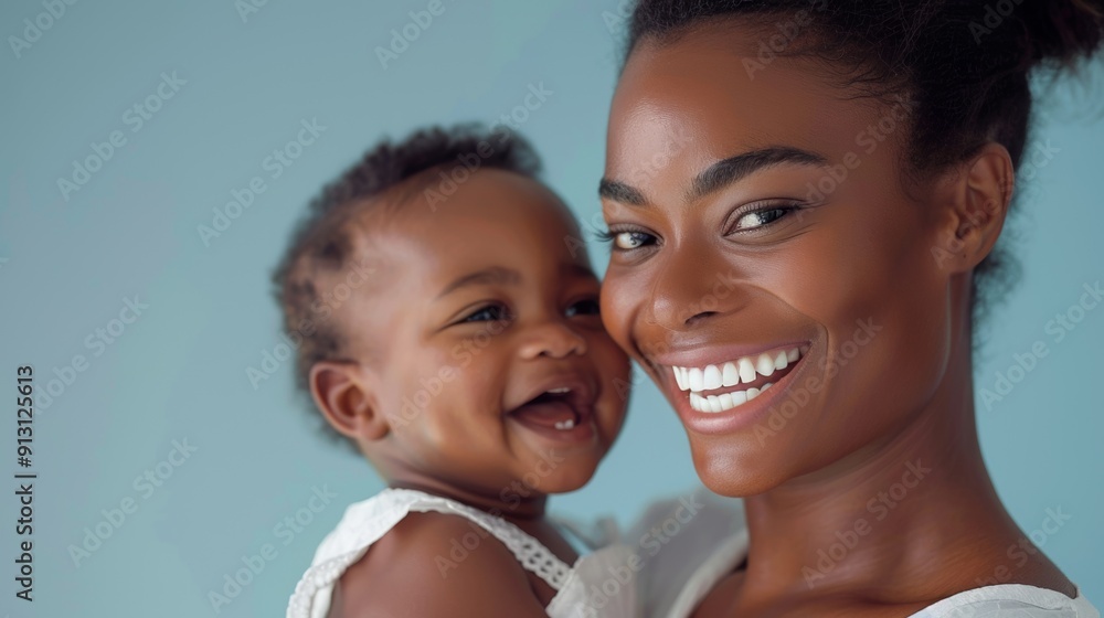 Tender studio shot of a woman and her beaming baby, showcasing their loving connection in a light studio backdrop. Tender studio shot of a woman and her beaming baby, showcasing their loving connection in a light studio backdrop.