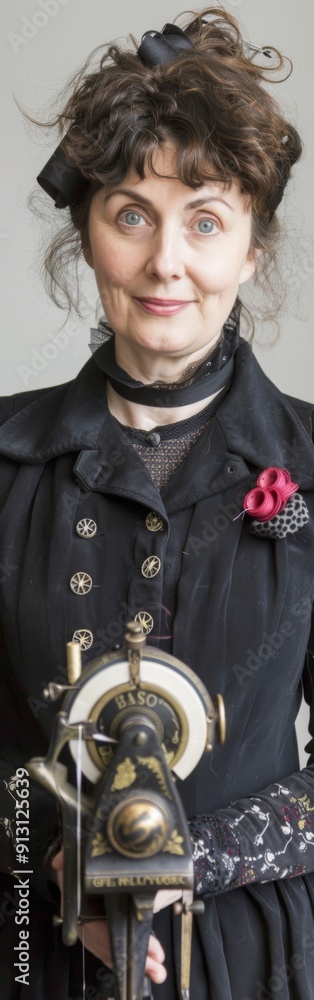 A woman in a black dress holding a sewing machine. She has a black ribbon around her neck and a red rose on her lapel A woman in a black dress holding a sewing machine. She has a black ribbon around her neck and a red rose on her lapel