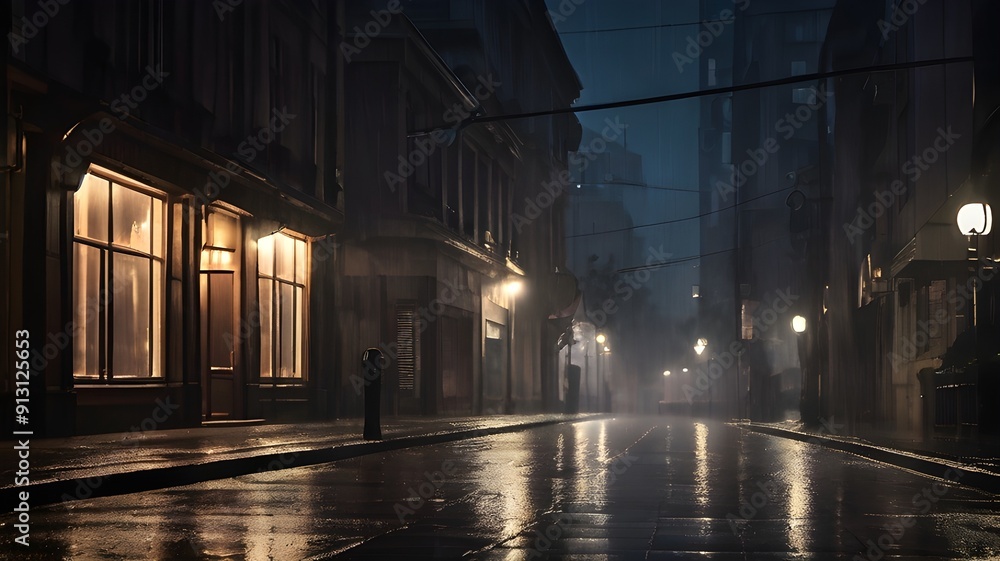 Fototapeta premium A dark and moody street, illuminated by the glow of streetlights and the pouring rain, creating a sense of mystery and intrigue.