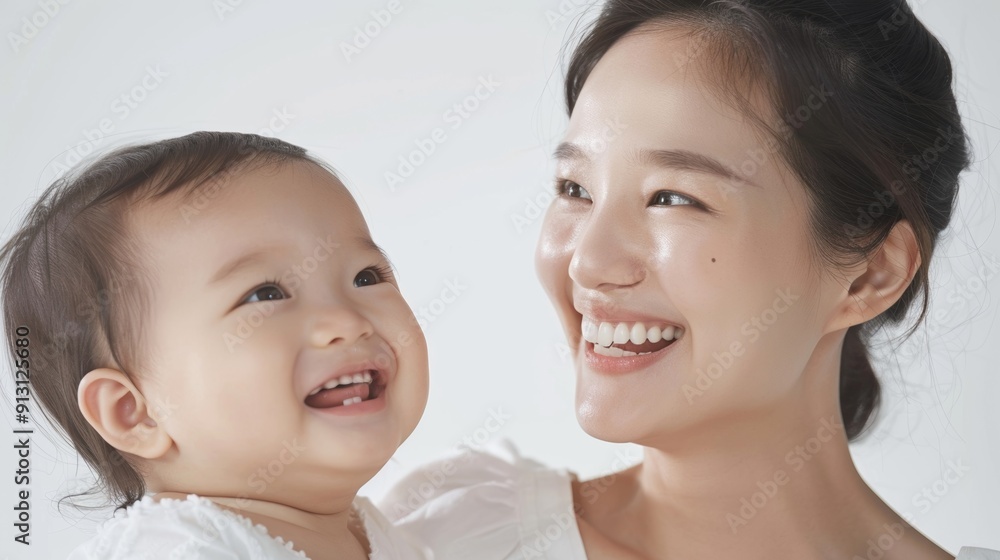 Studio photograph of an Asian mother and her beaming baby, reflecting their loving relationship and mutual smiles. Studio photograph of an Asian mother and her beaming baby, reflecting their loving relationship and mutual smiles.