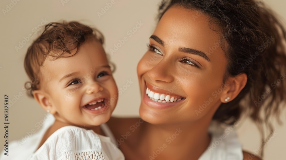 Affectionate moment between a Brazilian mother and her joyful baby, highlighted in a light-filled studio. Affectionate moment between a Brazilian mother and her joyful baby, highlighted in a light-filled studio.