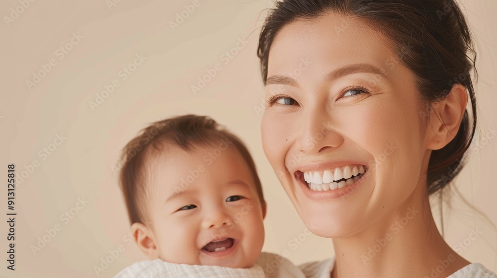 Joyful studio portrait of an Asian mother and her beaming baby, highlighting their deep emotional connection.
