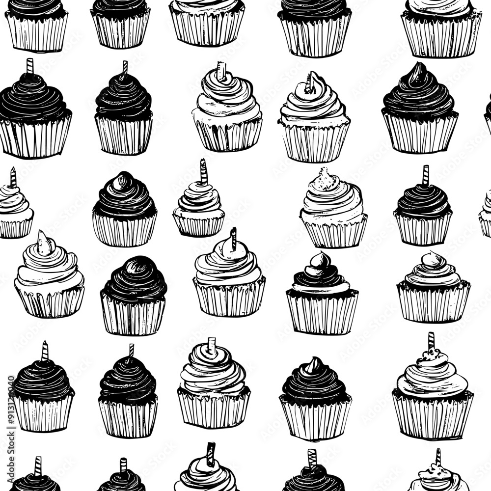 Cupcakes and birthday cards in a uniform pattern, seamless pattern vector Cupcakes and birthday cards in a uniform pattern, seamless pattern vector