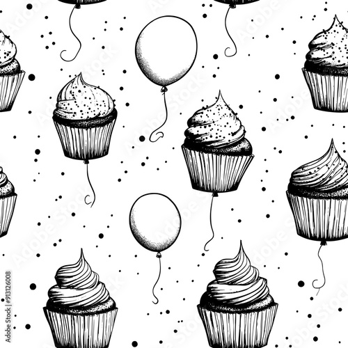 Cupcakes and balloons in a festive sequence, seamless pattern vector