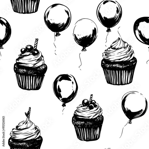 Cupcakes and balloons in a festive sequence, seamless pattern vector