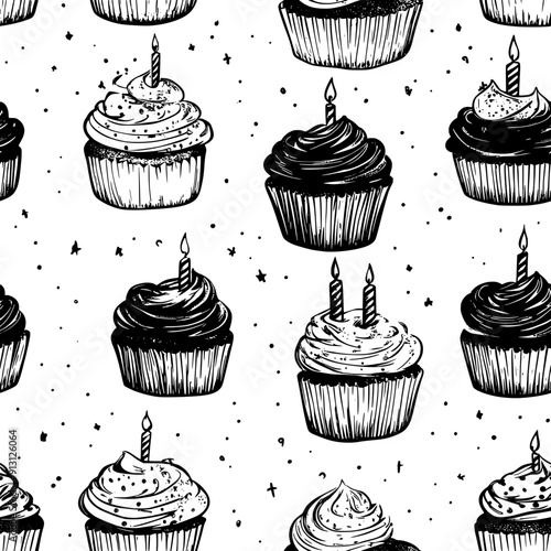 Cupcakes and candles in a celebratory arrangement, seamless pattern vector