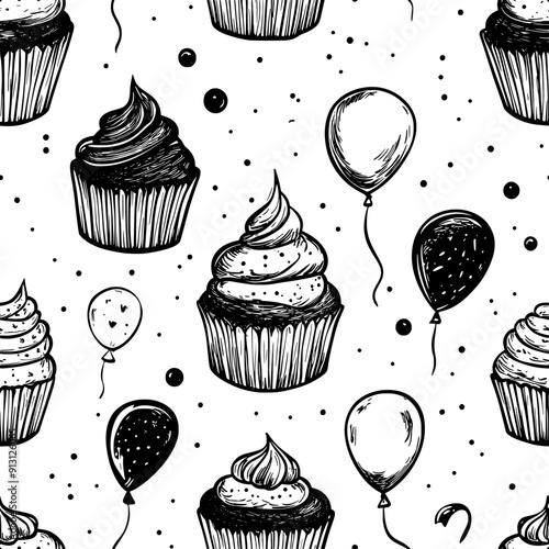 Cupcakes and balloons in a festive sequence, seamless pattern vector