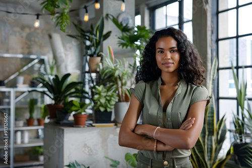 Confident young woman standing in modern indoor garden surrounded by lush houseplants, natural light streaming through large windows, relaxed atmosphere, urban environment