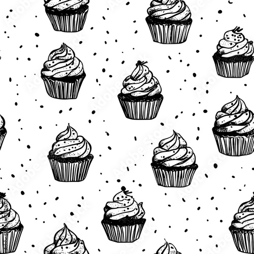 Cupcakes and sprinkles in a uniform pattern, seamless pattern vector