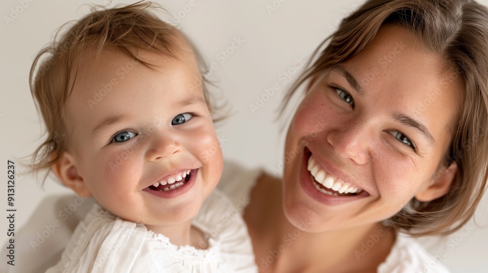 Highlighting their affectionate bond, a joyful studio image of a mother and her beaming baby. Highlighting their affectionate bond, a joyful studio image of a mother and her beaming baby.