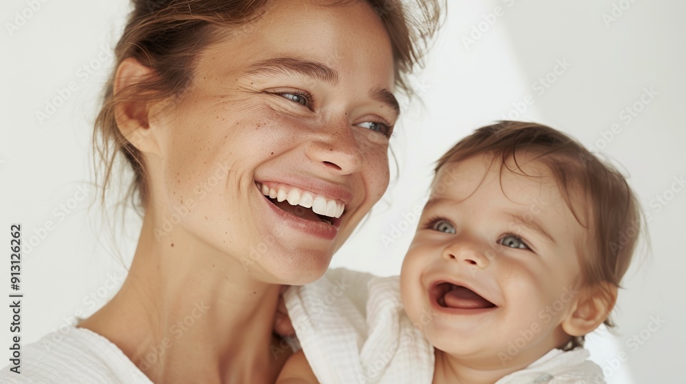 The strong bond between a mother and her smiling baby is highlighted in a serene studio setting. The strong bond between a mother and her smiling baby is highlighted in a serene studio setting.