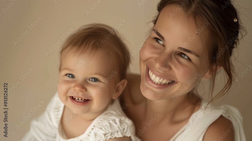 In a bright studio environment, a mother and her happy baby share a heartfelt moment. In a bright studio environment, a mother and her happy baby share a heartfelt moment.