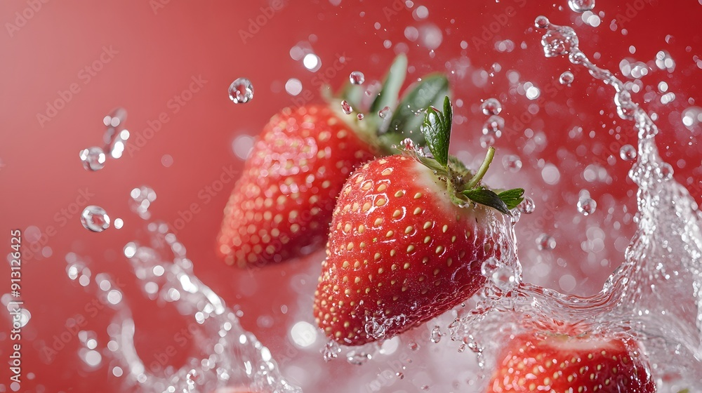 A few strawberries and water splashes in the air against an red background with an strawberries and white color scheme A few strawberries and water splashes in the air against an red background with an strawberries and white color scheme