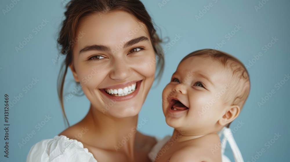 The loving connection between a mother and her joyful baby is beautifully depicted in a light-filled studio. The loving connection between a mother and her joyful baby is beautifully depicted in a light-filled studio.