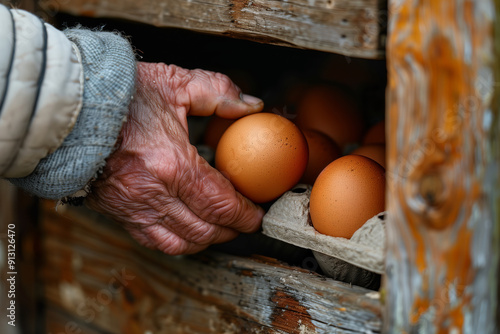 Closeup of farmer's hands collecting fresh eggs on the farm. photo