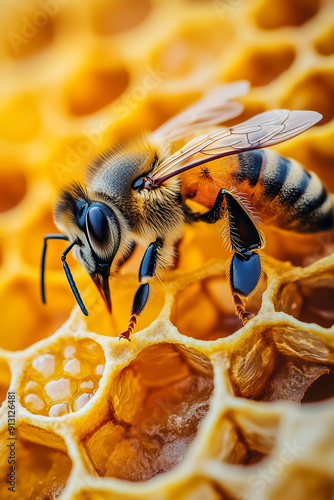 Closeup of bees transporting honey on a beehive. photo