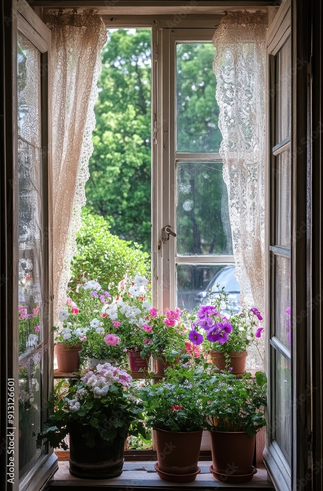 open front door with lace curtains and pink, white flowers in the window boxes open front door with lace curtains and pink, white flowers in the window boxes