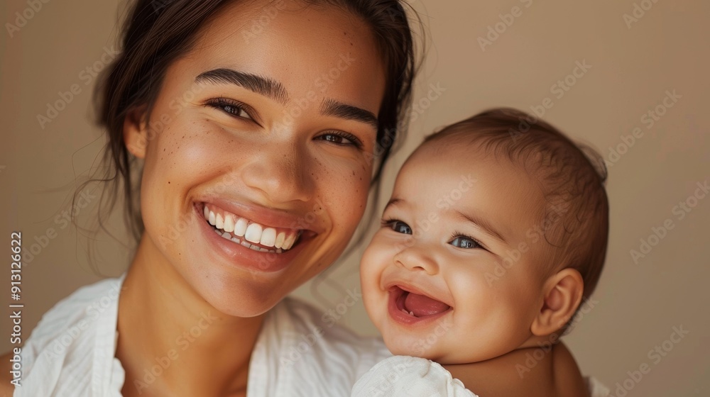 A mother's soft smile and her baby's joyful expression create a heartwarming scene in a bright studio setting. A mother's soft smile and her baby's joyful expression create a heartwarming scene in a bright studio setting.