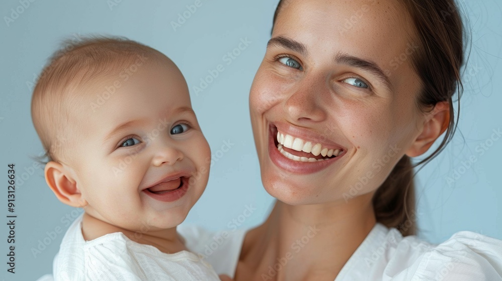 A mother’s gentle affection for her happy baby is reflected in a warm and tender studio image. A mother’s gentle affection for her happy baby is reflected in a warm and tender studio image.