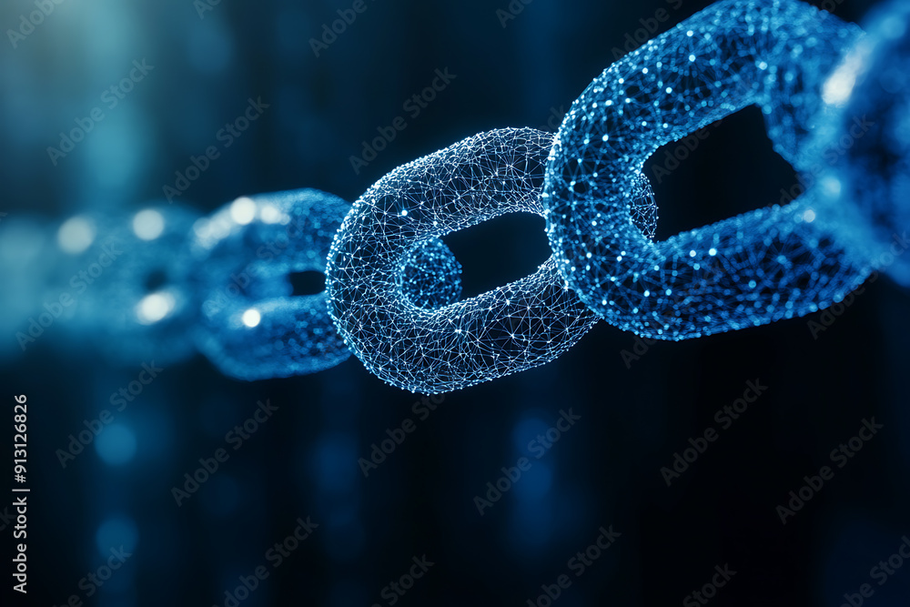 An abstract digital background banner featuring a chain with connecting data points in blue and black colors. An abstract digital background banner featuring a chain with connecting data points in blue and black colors.