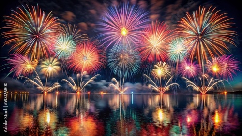 Holiday fireworks above water with reflection on the black sky background 