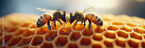 Closeup of bees transporting honey on a beehive. photo