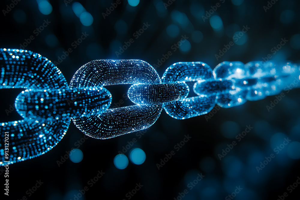 An abstract digital background banner featuring a chain with connecting data points in blue and black colors. An abstract digital background banner featuring a chain with connecting data points in blue and black colors.