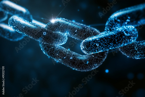 An abstract digital background banner featuring a chain with connecting data points in blue and black colors. 