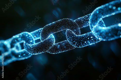 An abstract digital background banner featuring a chain with connecting data points in blue and black colors. 